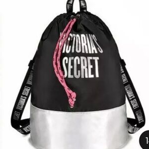 Victoria's Secret- Drawstring Bucket Backpack Bag Black & Silver/ Retired- NWT